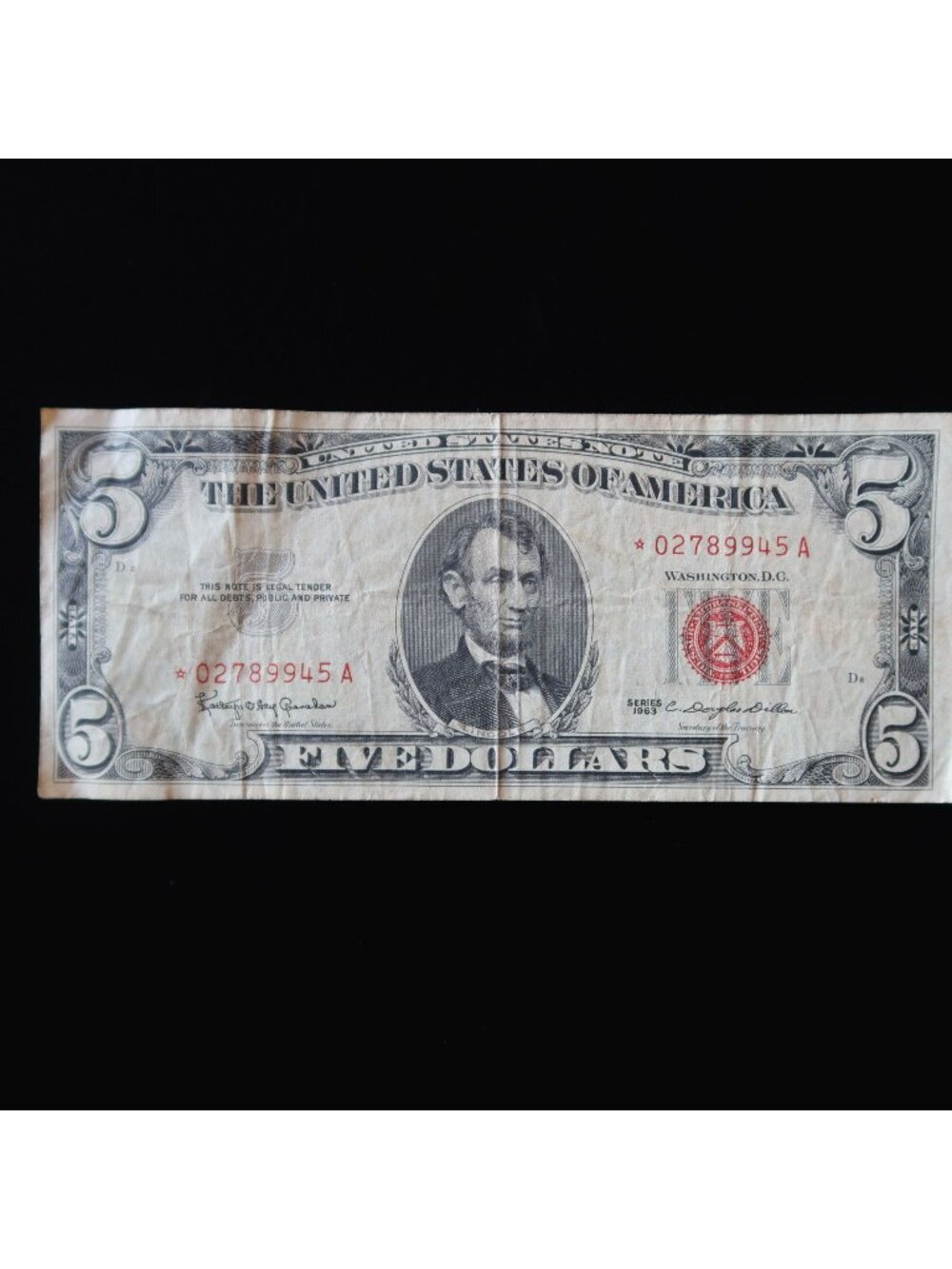 1963 Vintage $5 Banknote Red Seal Star Replacement Note Five Dollar US Currency